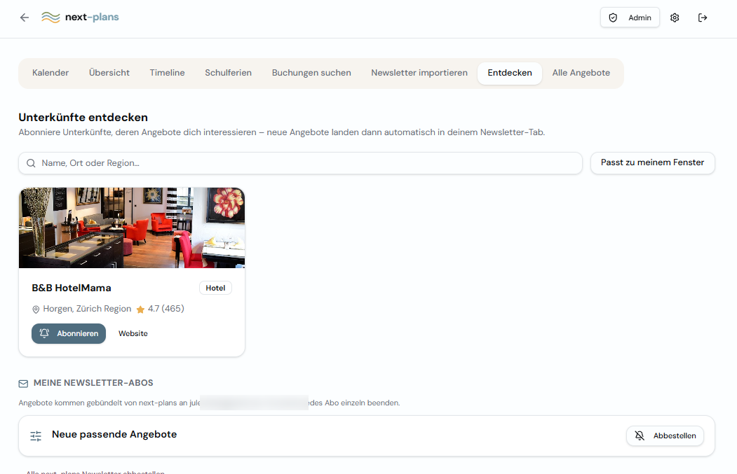 Unterkünfte entdecken mit Abo-Button und Link zur Website des Anbieters